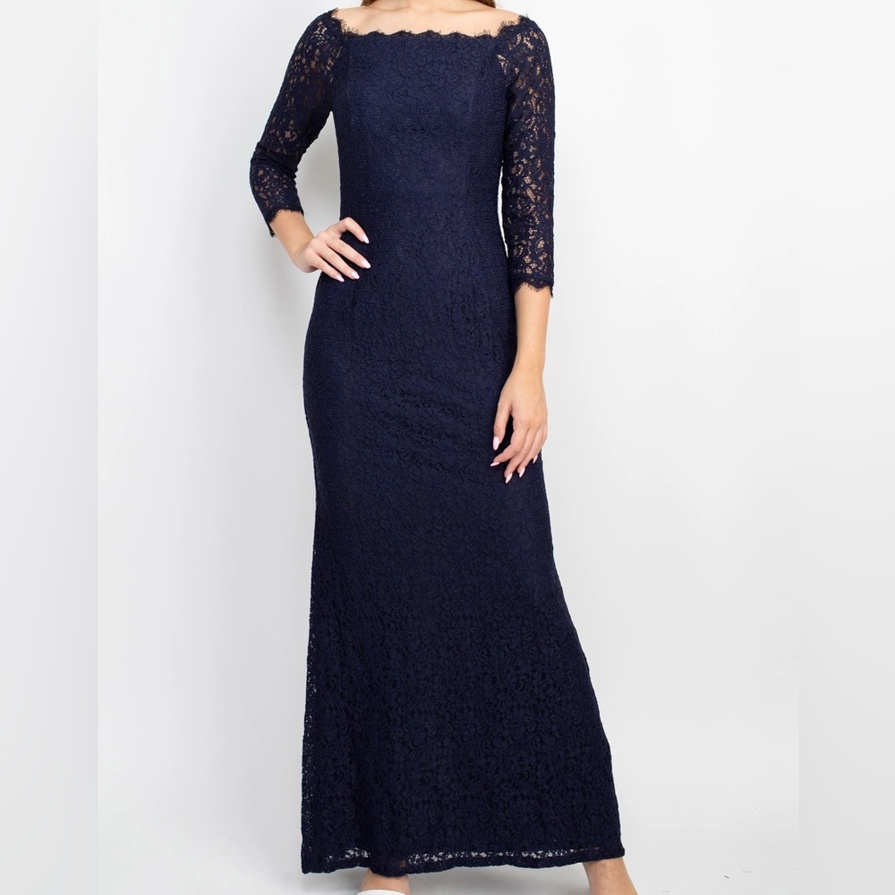 Adrianna Papell Navy Blue Tan Nude Lace Long Sleeve Maxi Formal Dress size 16